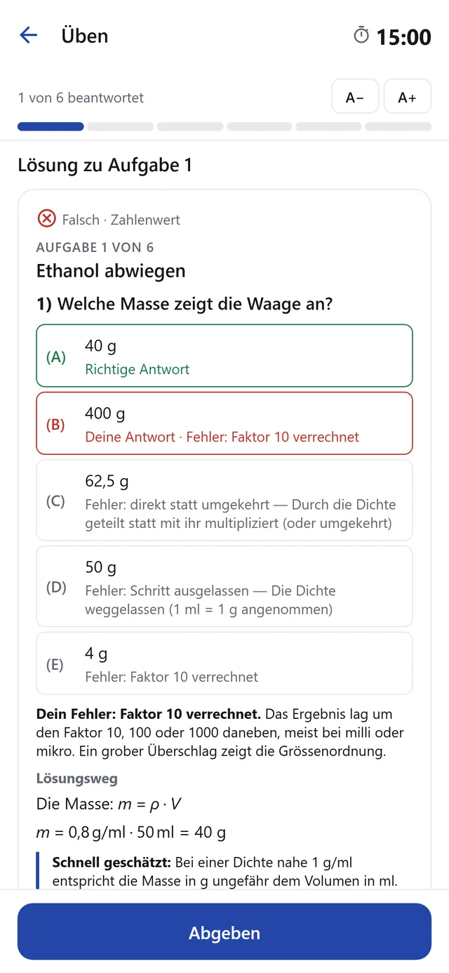 Auflösung einer Rechenaufgabe: richtige Antwort, gewählte Antwort und der Fehler hinter jeder falschen
