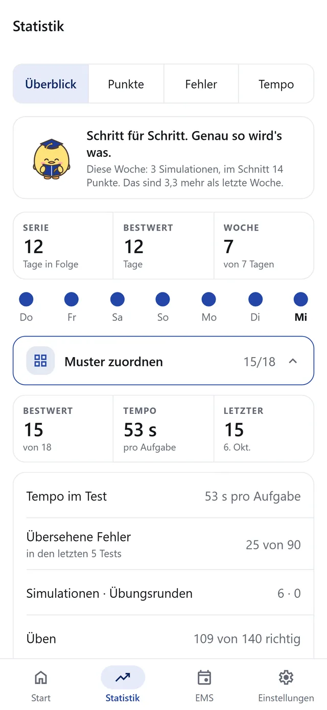 Statistik mit Trainingsserie, Bestwert und Tempo pro Aufgabe